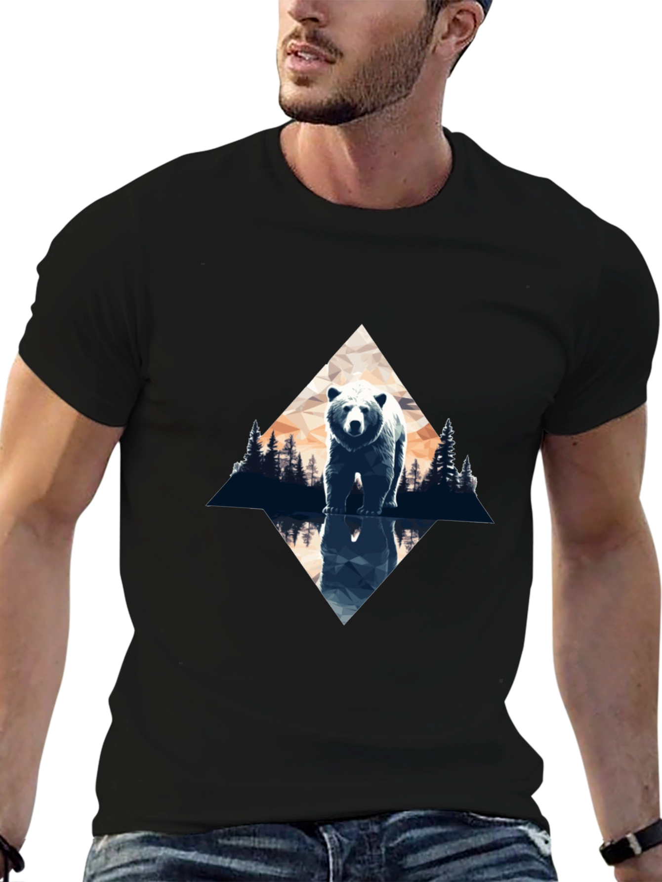 Bear Reflection Graphic Tee - Black Cotton Blend