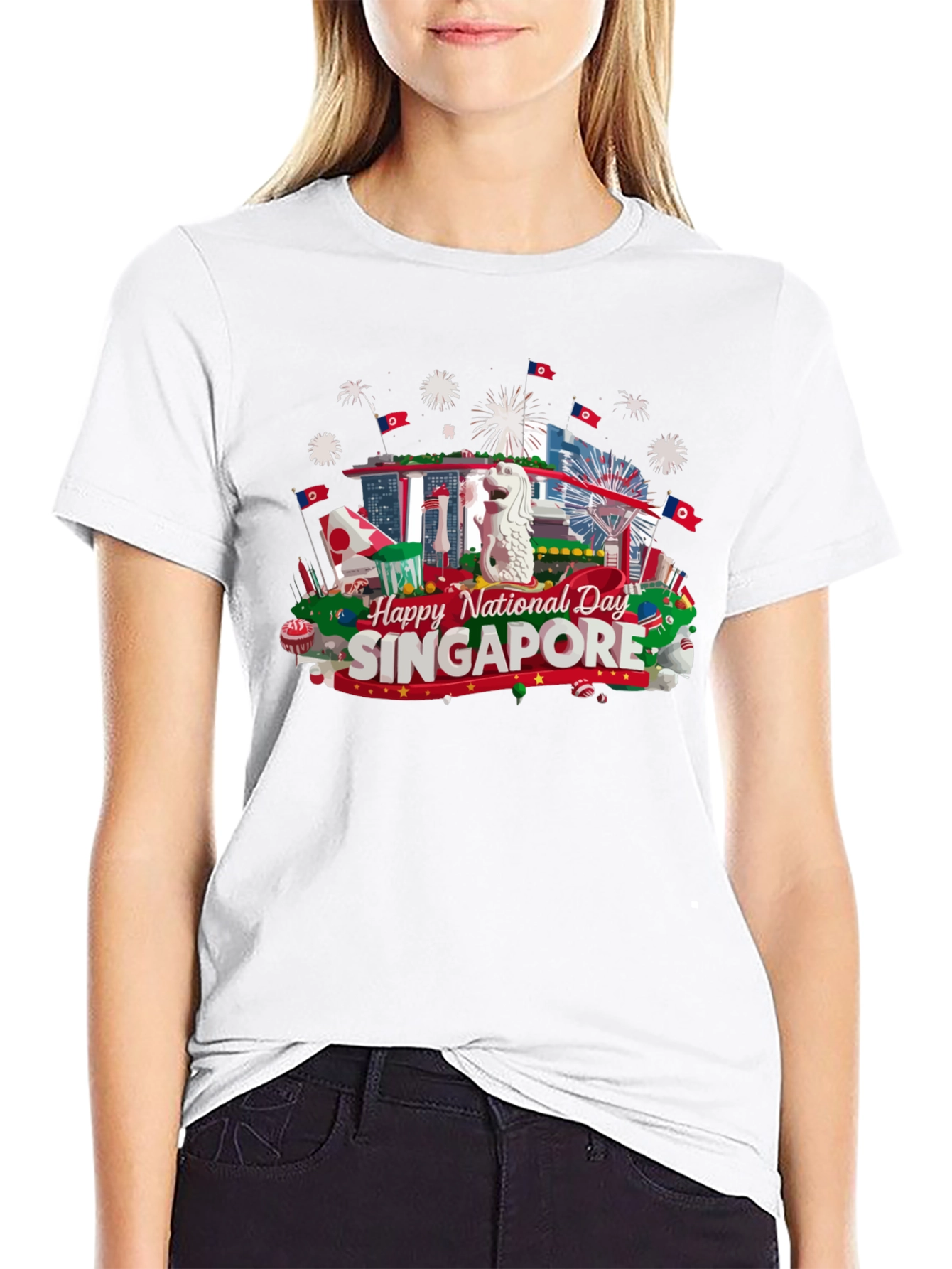 Singapore National Day T-Shirt Black Cotton Tee