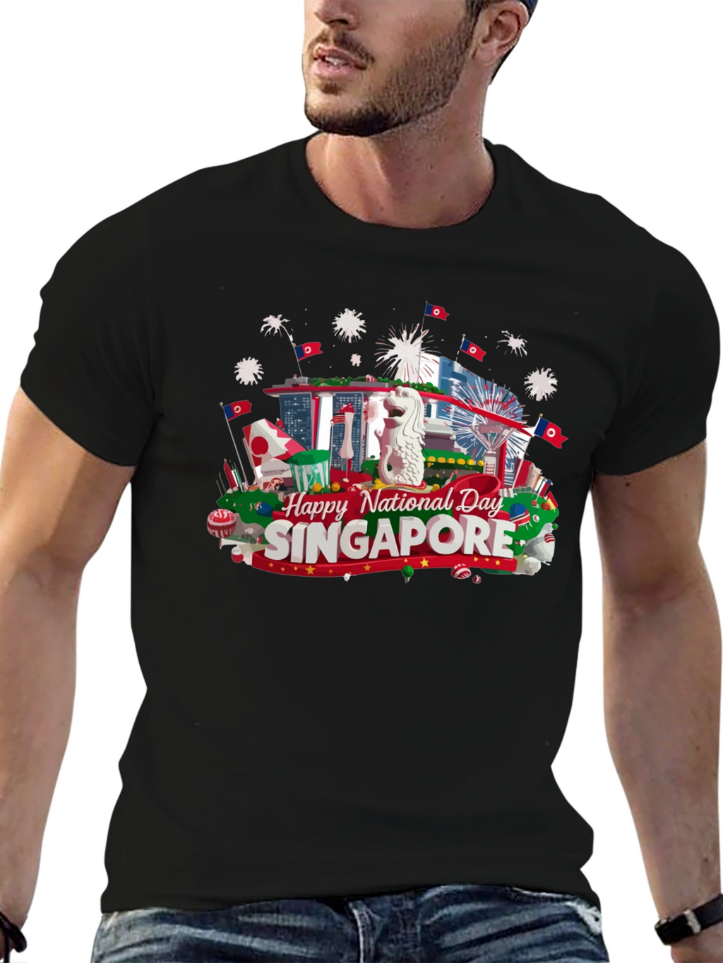 Singapore National Day T-Shirt Black Cotton Tee