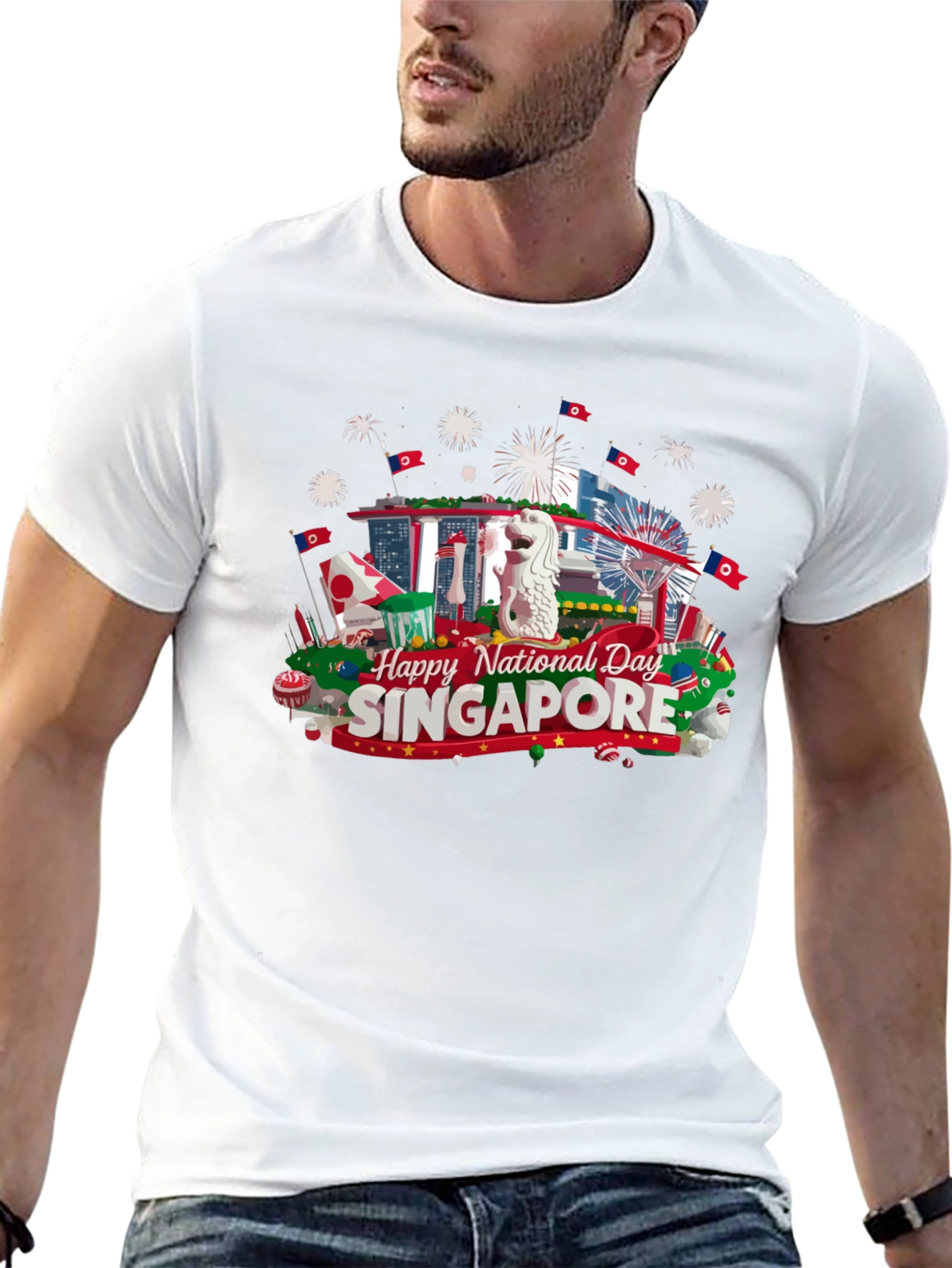 Singapore National Day T-Shirt Black Cotton Tee