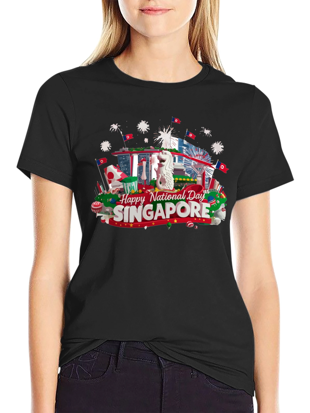 Singapore National Day T-Shirt Black Cotton Tee
