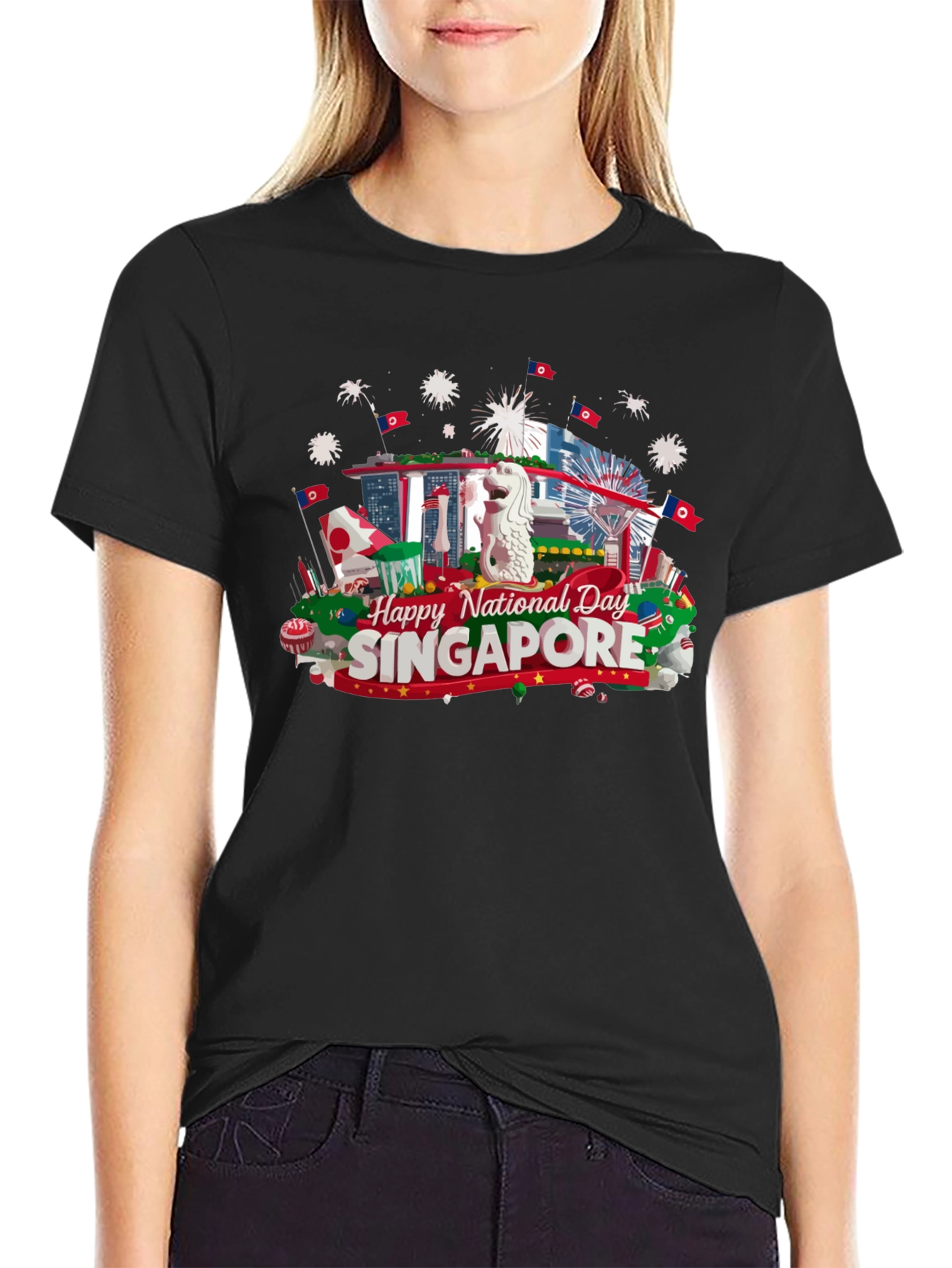 Singapore National Day T-Shirt Black Cotton Tee