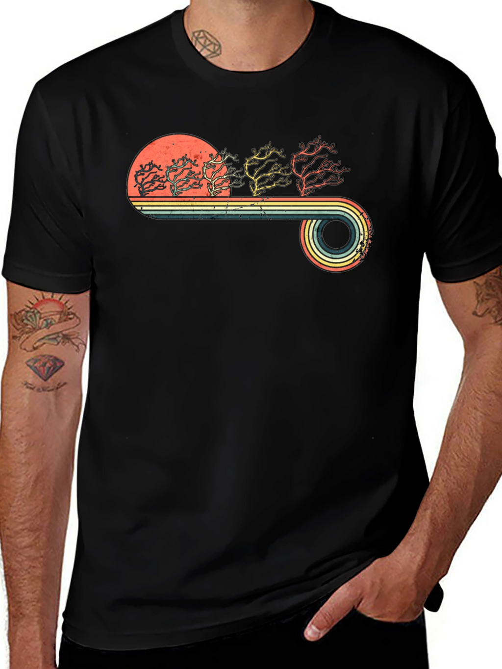 Retro Sunset Trees Graphic Tee - Black