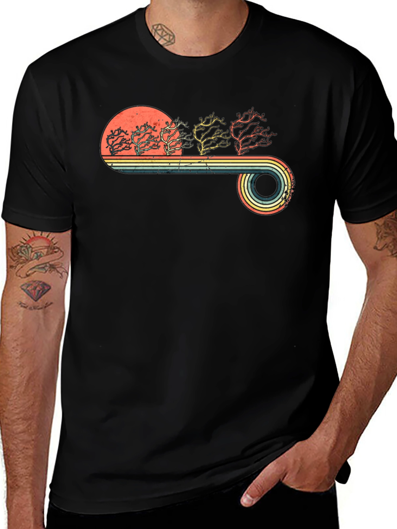 Retro Sunset Trees Graphic Tee - Black