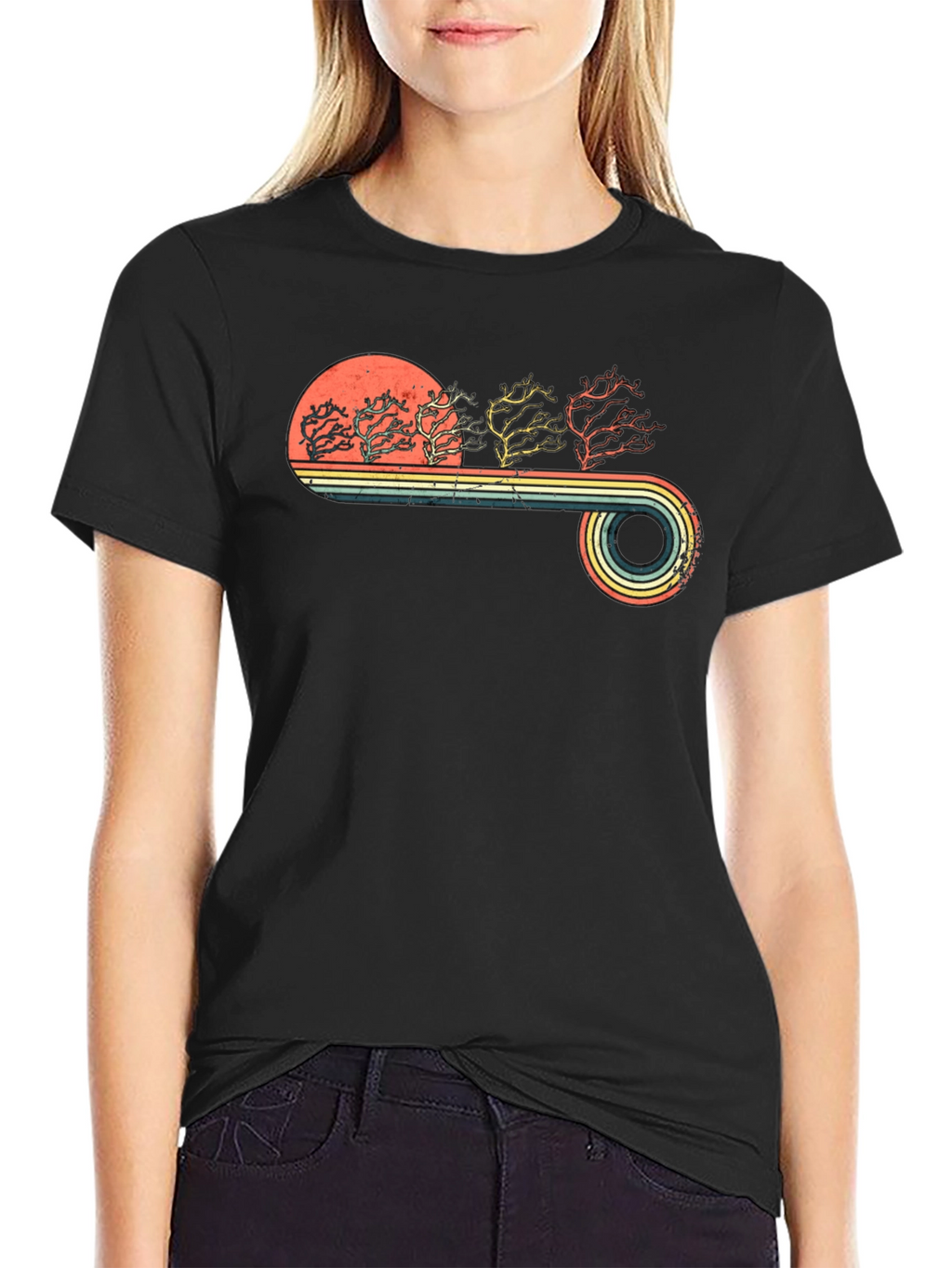 Retro Sunset Trees Graphic Tee - Black