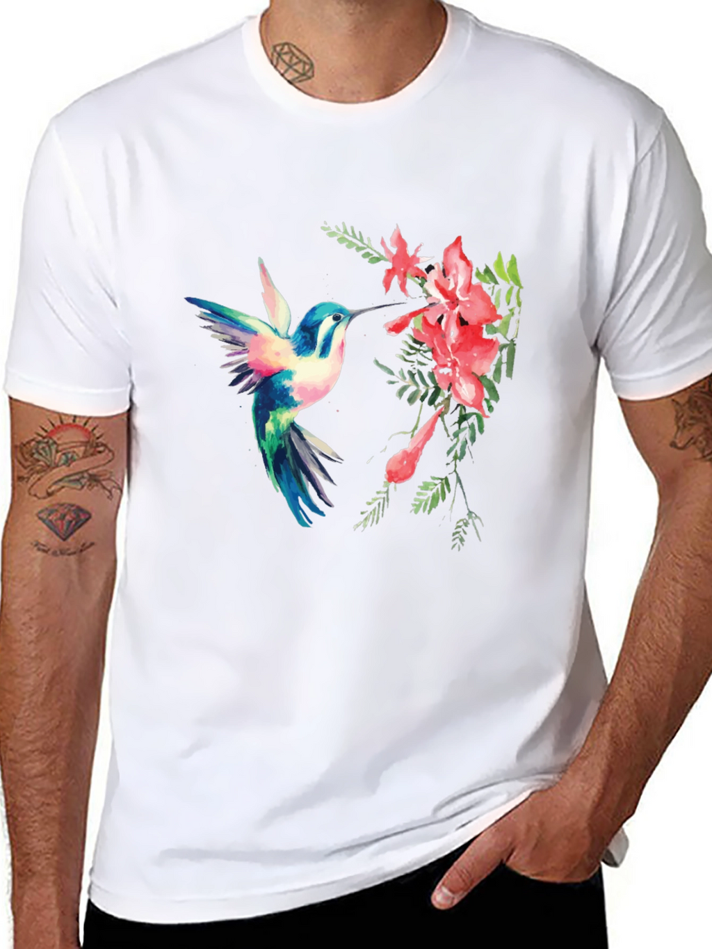 Hummingbird & Flower Graphic Black T-Shirt