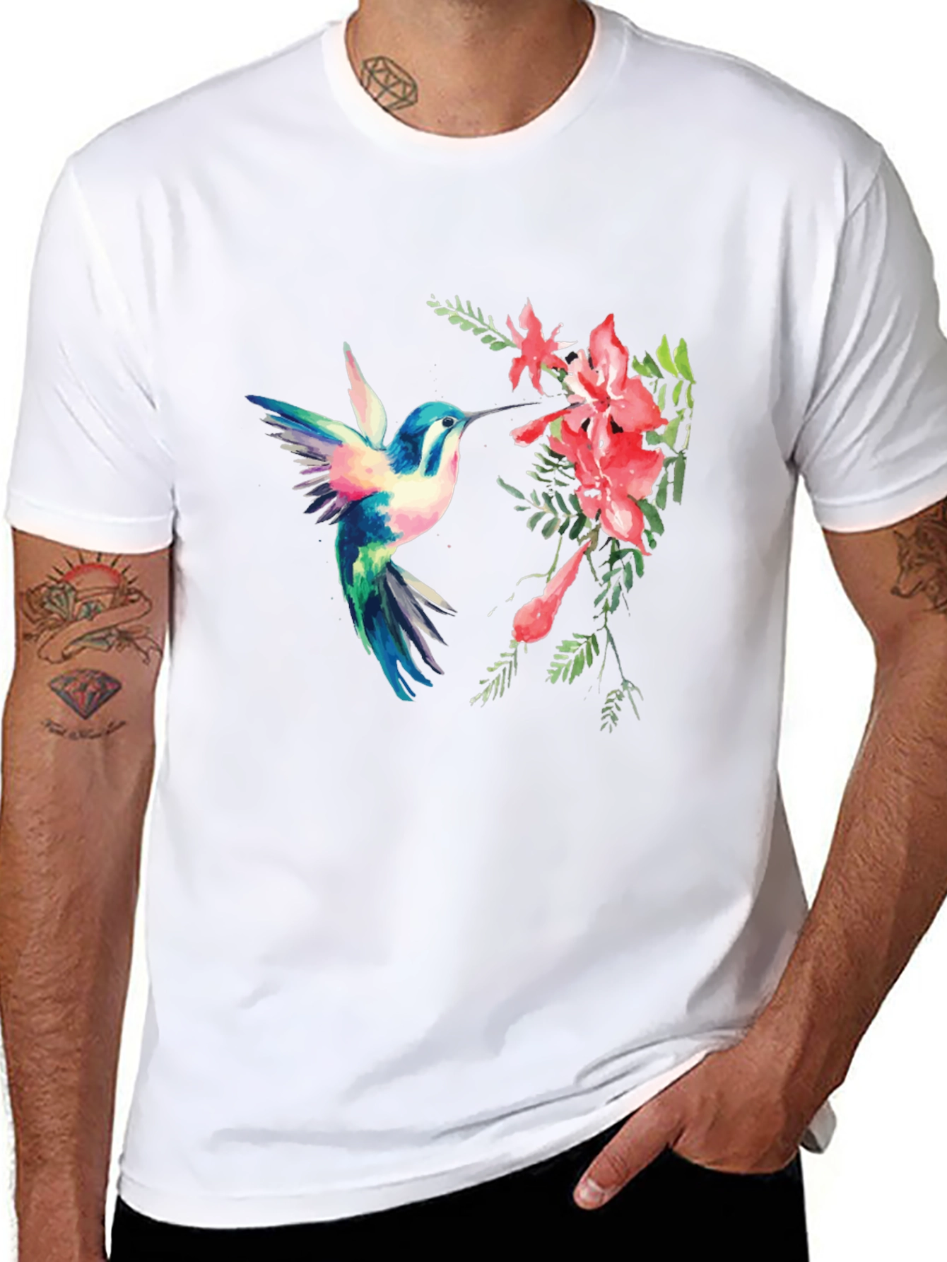 Hummingbird & Flower Graphic Black T-Shirt