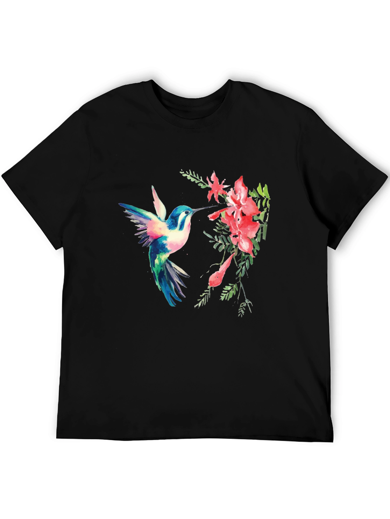 Hummingbird & Flower Graphic Black T-Shirt