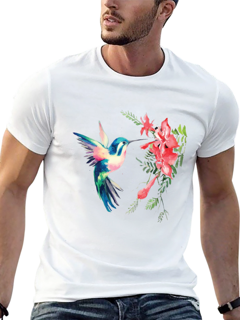 Hummingbird & Flower Graphic Black T-Shirt
