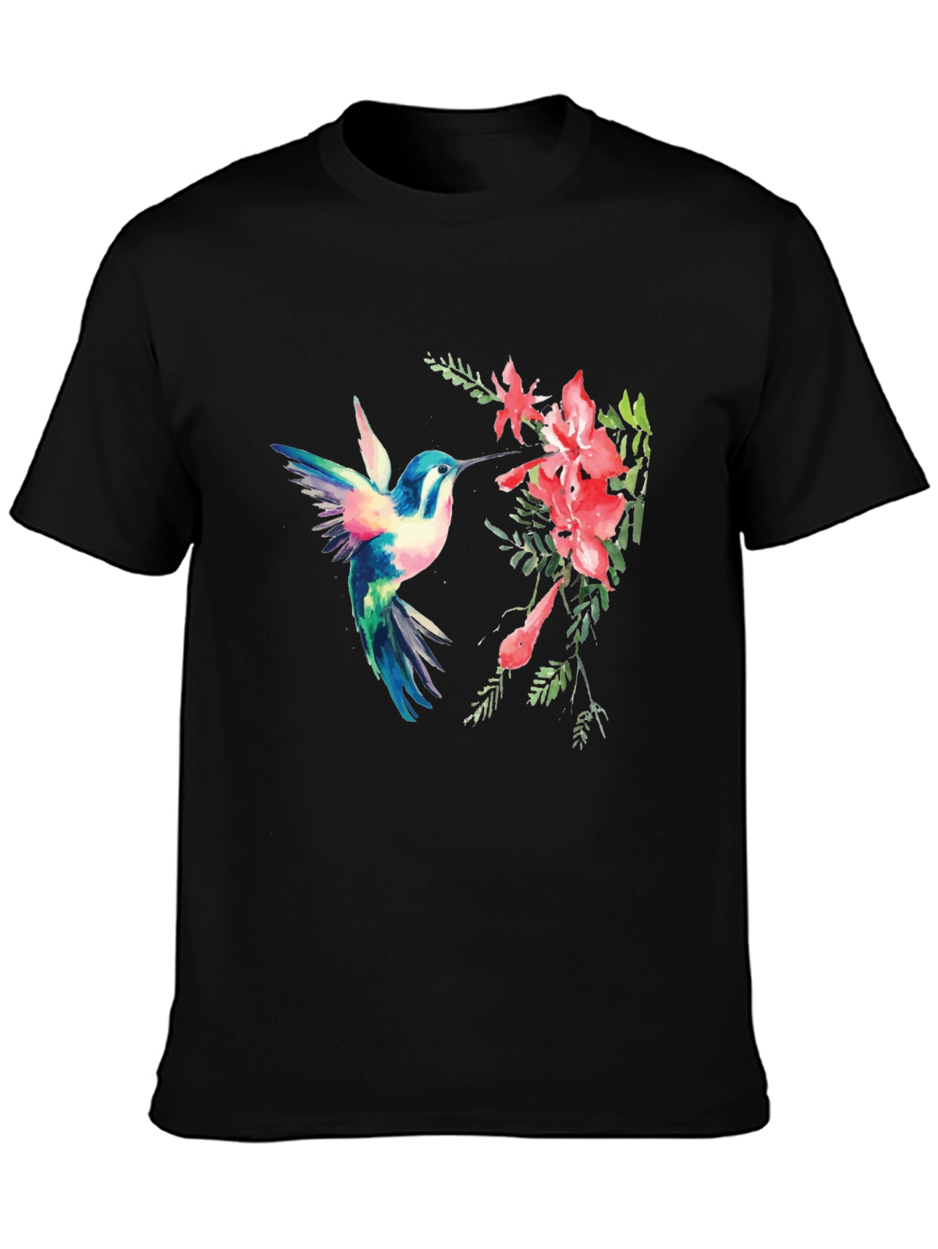 Hummingbird & Flower Graphic Black T-Shirt