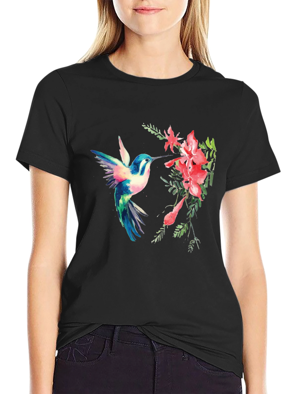 Hummingbird & Flower Graphic Black T-Shirt