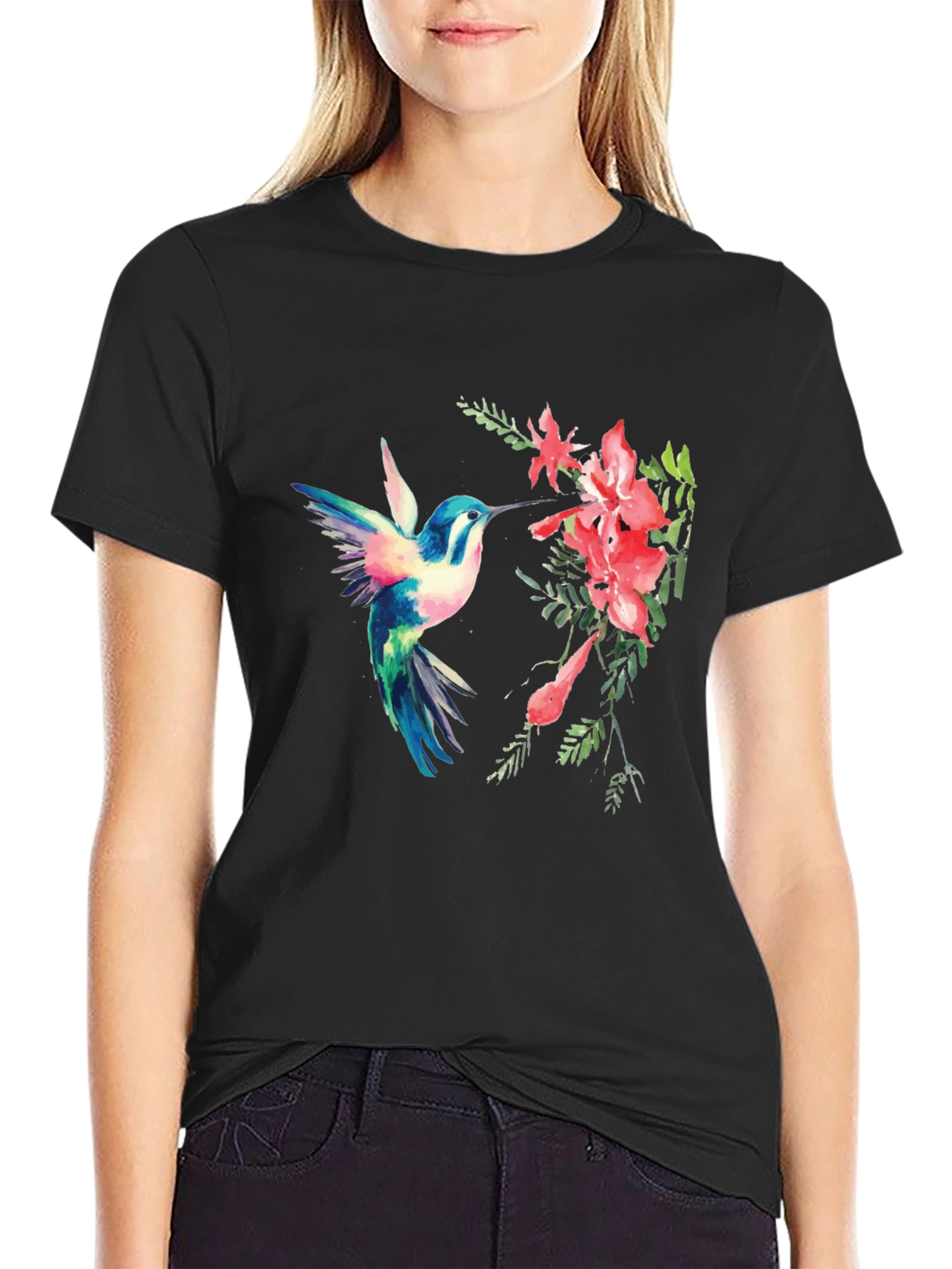 Hummingbird & Flower Graphic Black T-Shirt