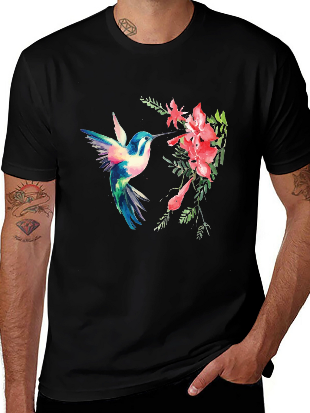 Hummingbird & Flower Graphic Black T-Shirt