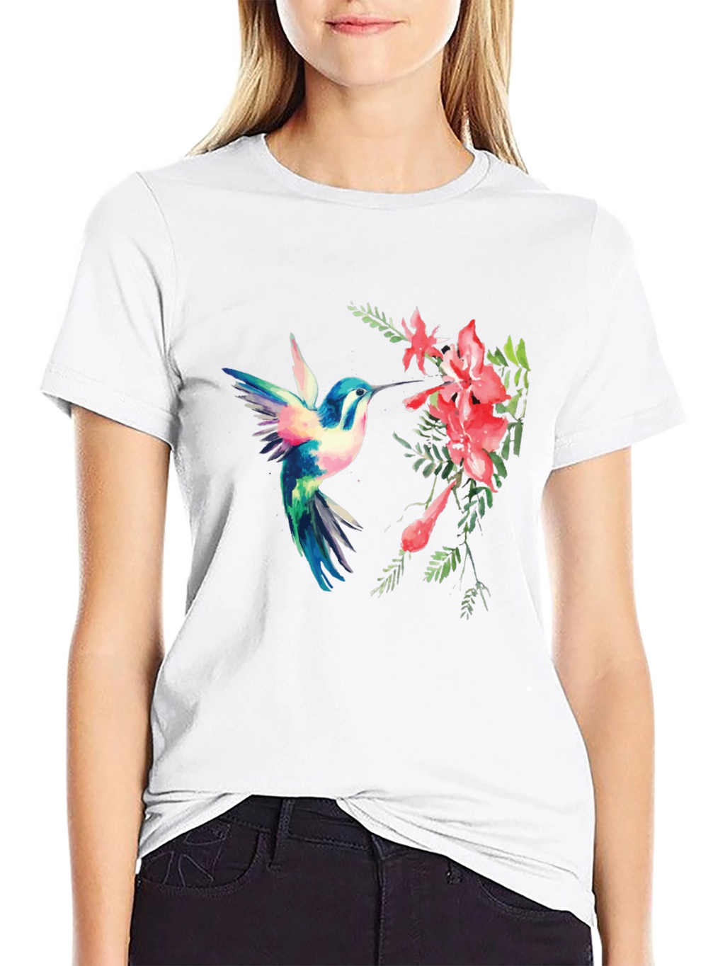 Hummingbird & Flower Graphic Black T-Shirt