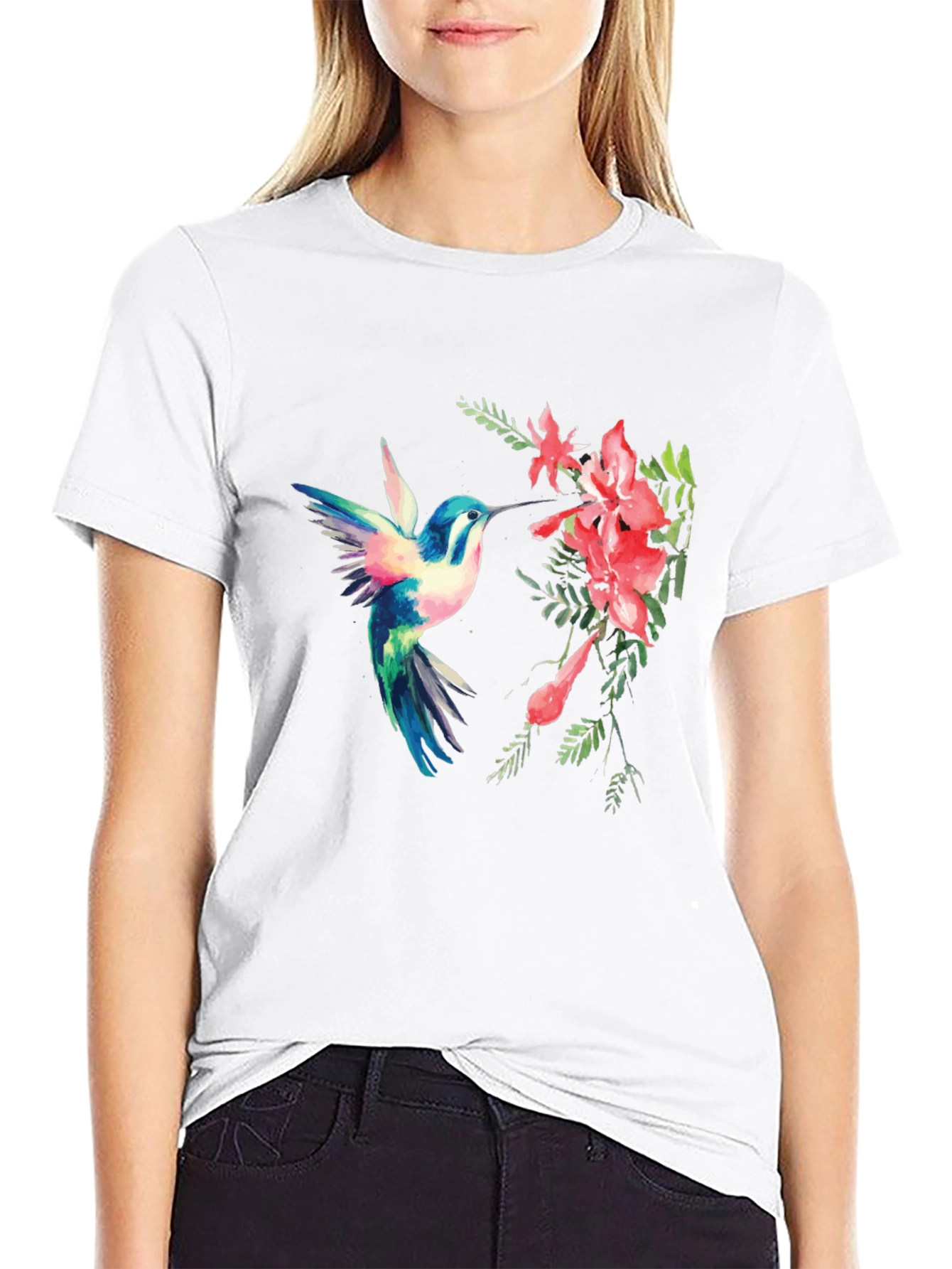 Hummingbird & Flower Graphic Black T-Shirt