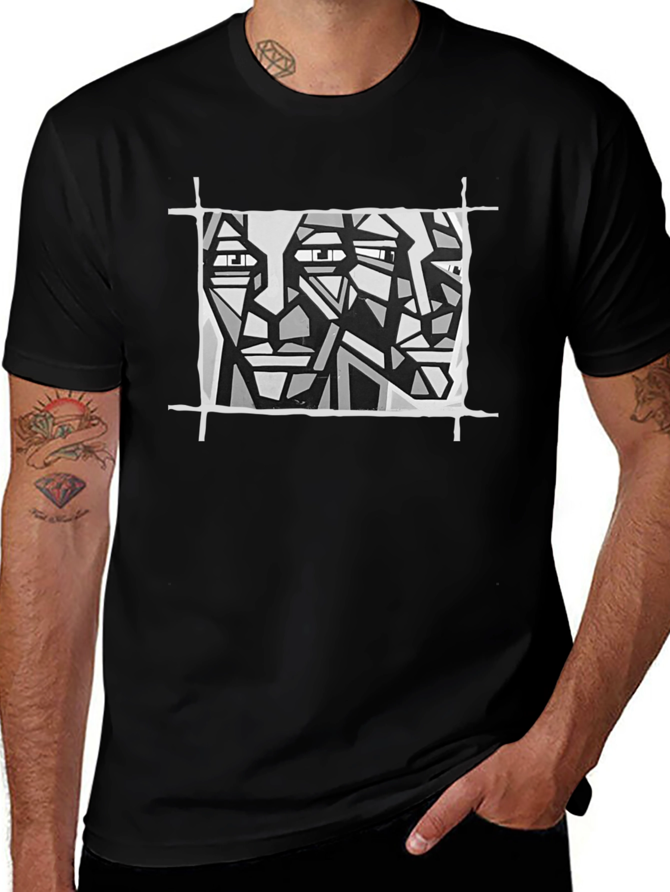 Abstract Faces Graphic Tee - Modern Art Black T-Shirt