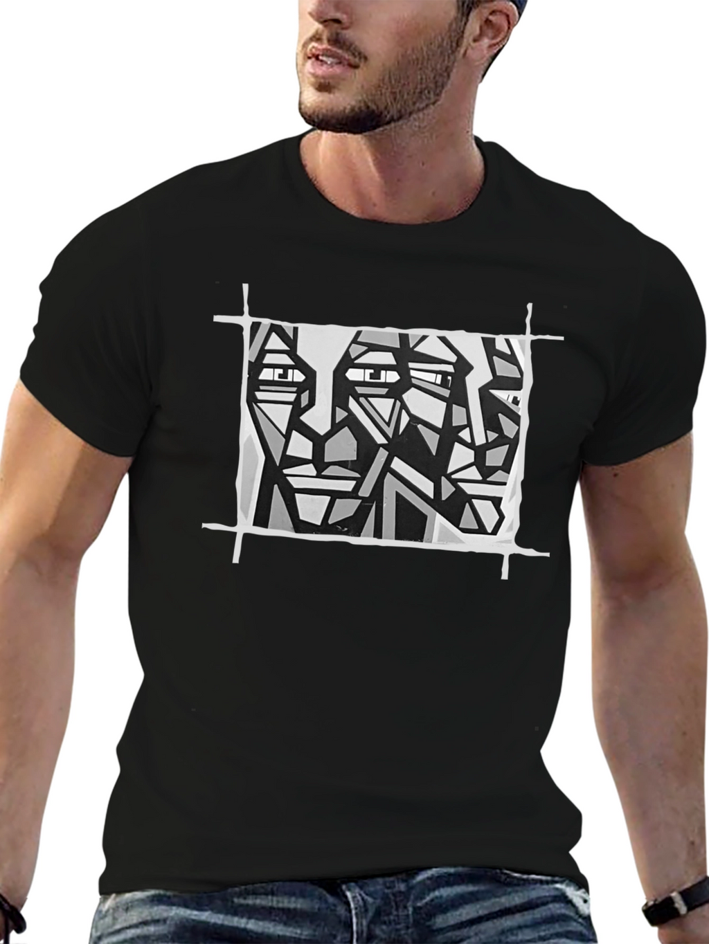 Abstract Faces Graphic Tee - Modern Art Black T-Shirt
