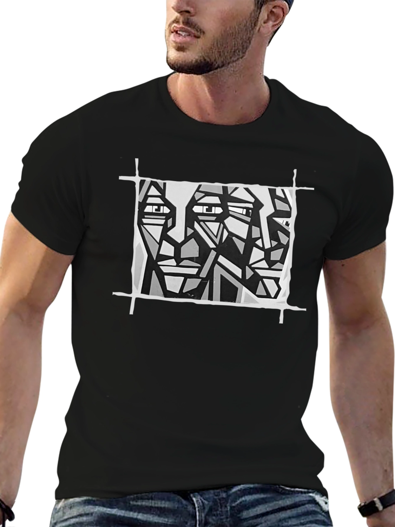 Abstract Faces Graphic Tee - Modern Art Black T-Shirt