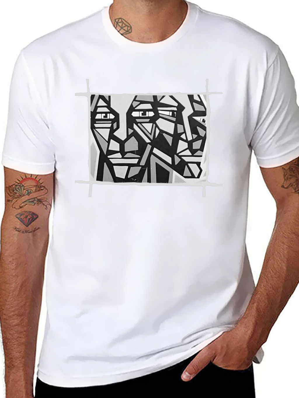 Abstract Faces Graphic Tee - Modern Art Black T-Shirt