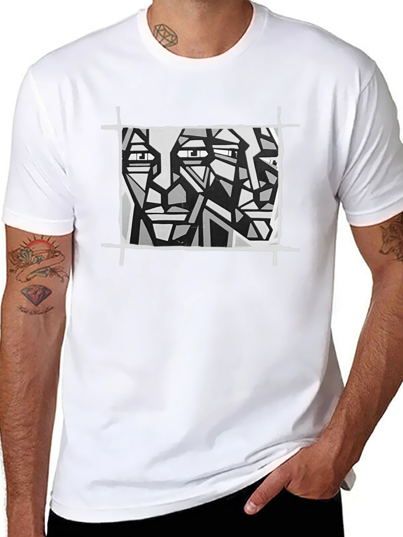 Abstract Faces Graphic Tee - Modern Art Black T-Shirt