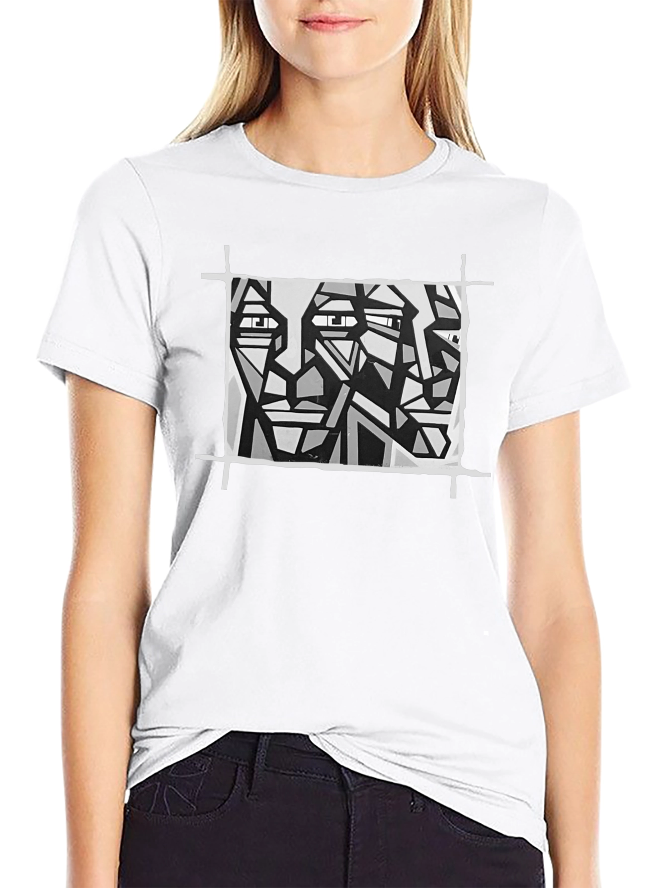Abstract Faces Graphic Tee - Modern Art Black T-Shirt