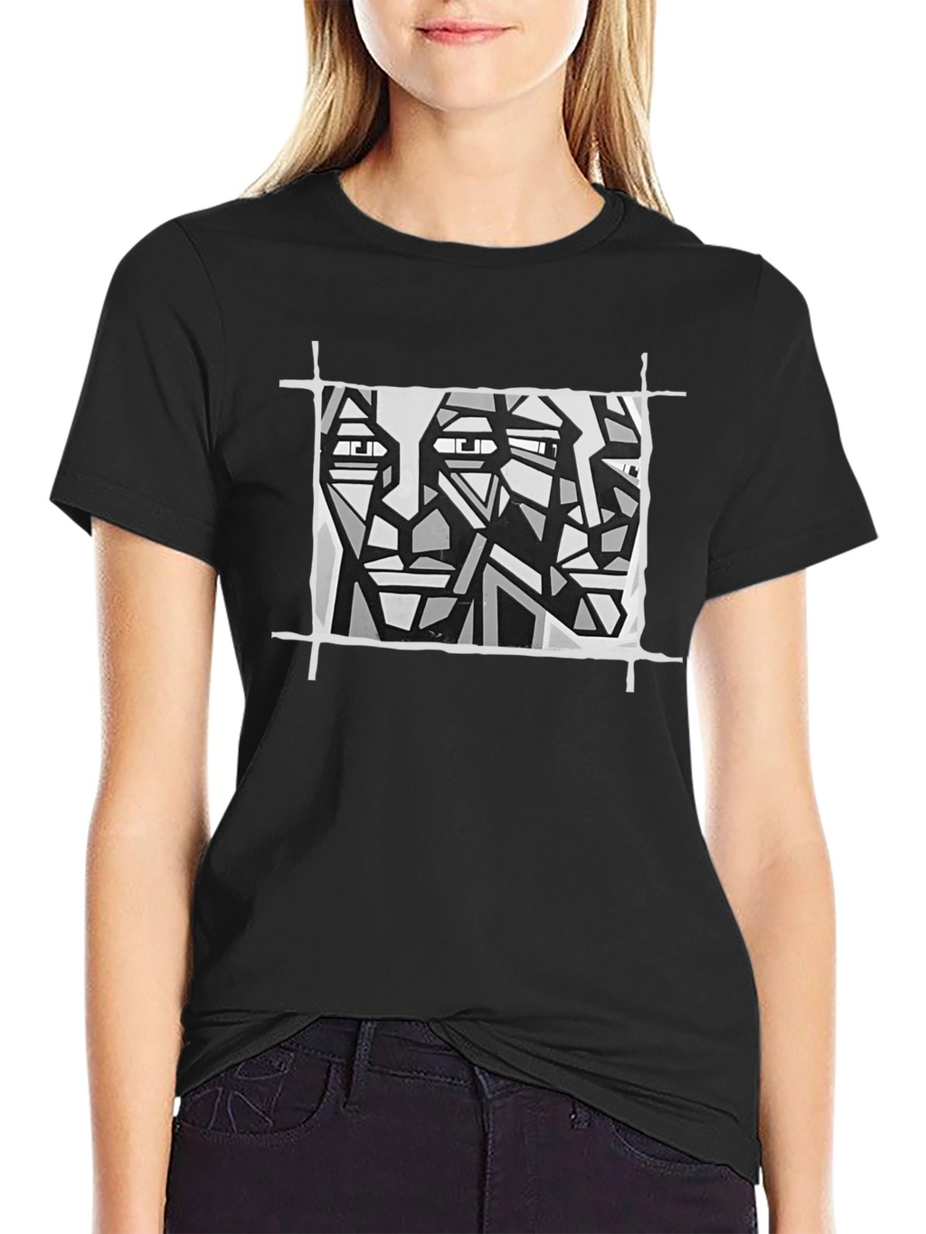 Abstract Faces Graphic Tee - Modern Art Black T-Shirt