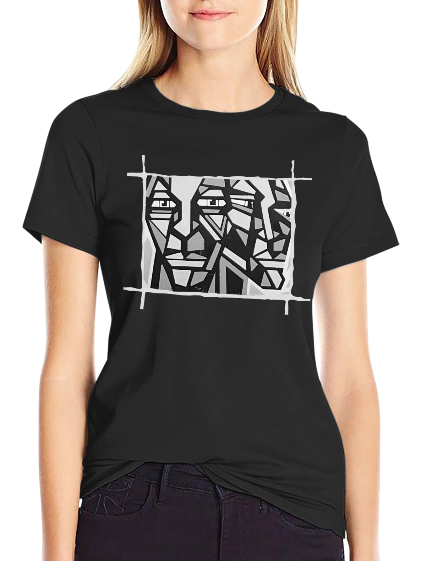 Abstract Faces Graphic Tee - Modern Art Black T-Shirt