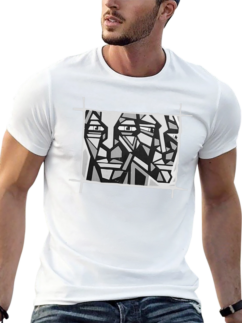Abstract Faces Graphic Tee - Modern Art Black T-Shirt