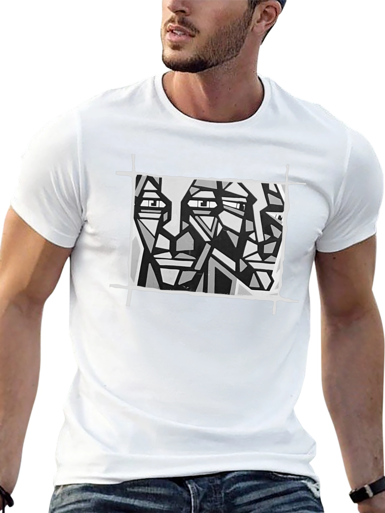 Abstract Faces Graphic Tee - Modern Art Black T-Shirt