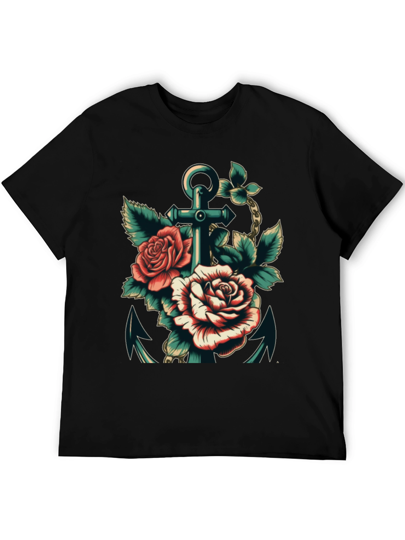 Anchor & Roses Graphic Tee - Stylish Black T-Shirt