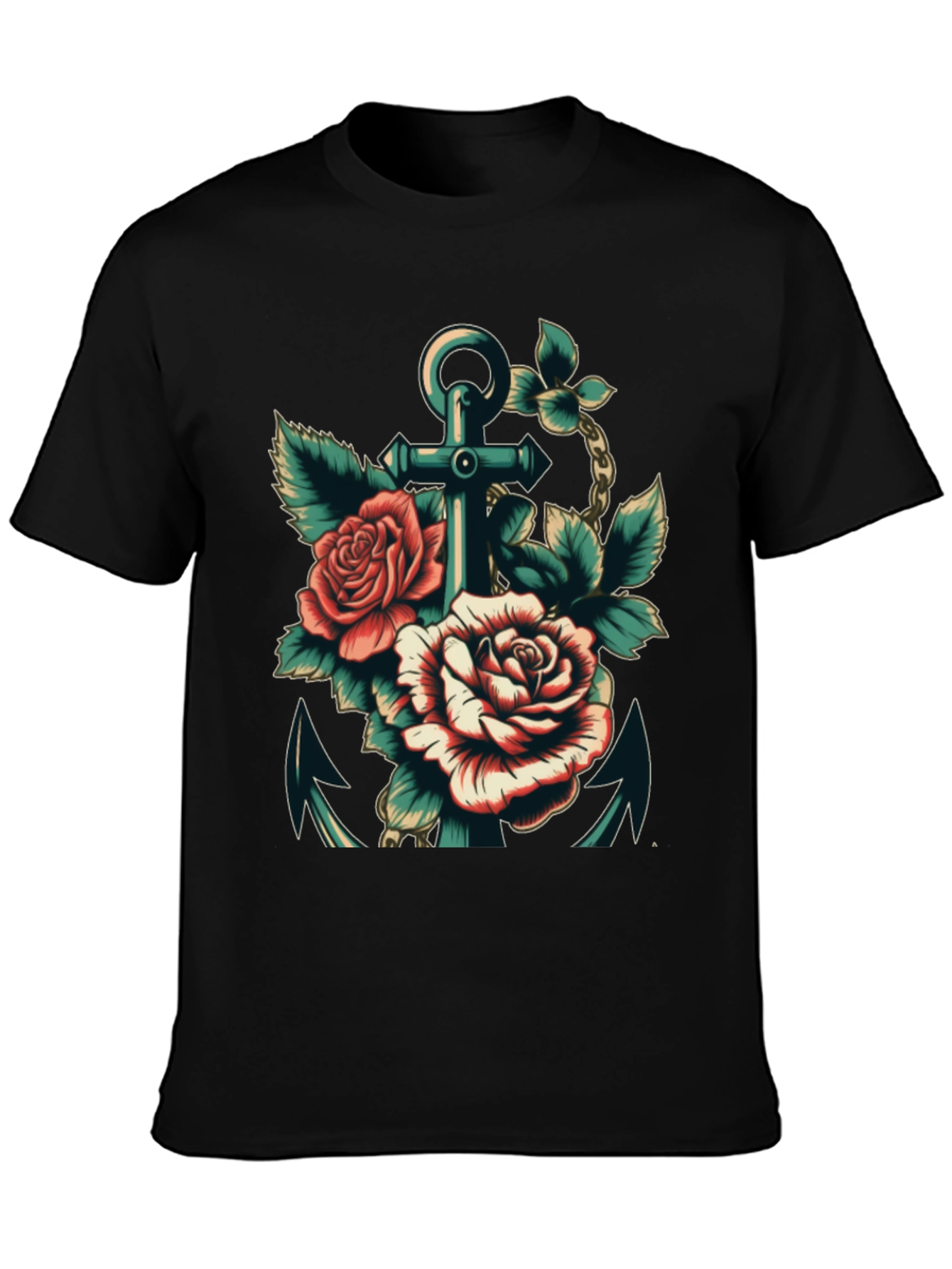 Anchor & Roses Graphic Tee - Stylish Black T-Shirt