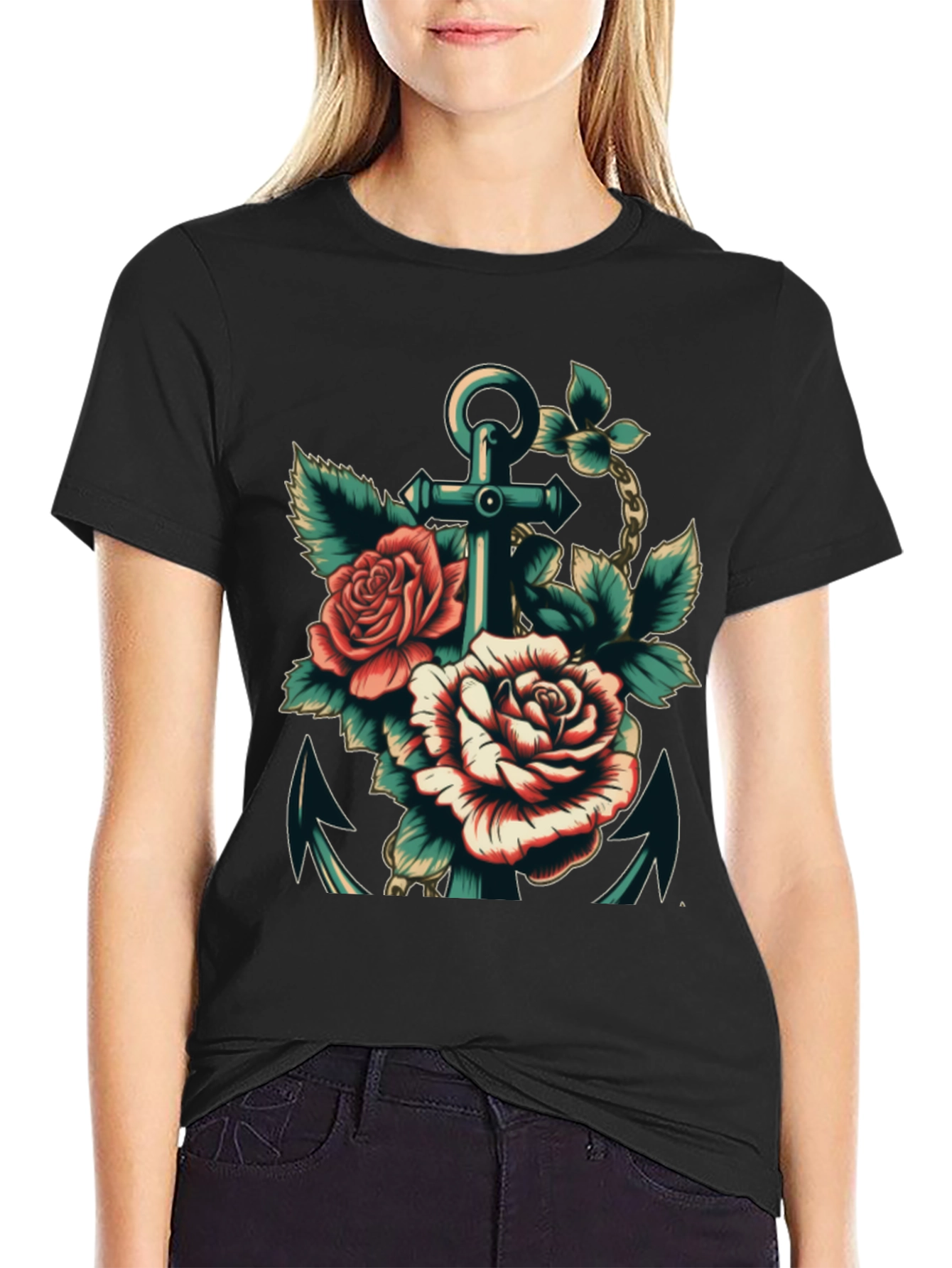 Anchor & Roses Graphic Tee - Stylish Black T-Shirt