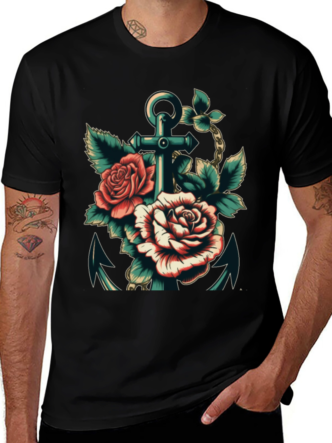 Anchor & Roses Graphic Tee - Stylish Black T-Shirt