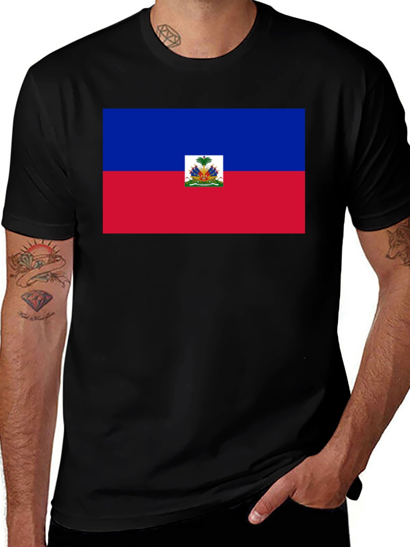 Haitian Flag Graphic T-Shirt - Black Crew Neck