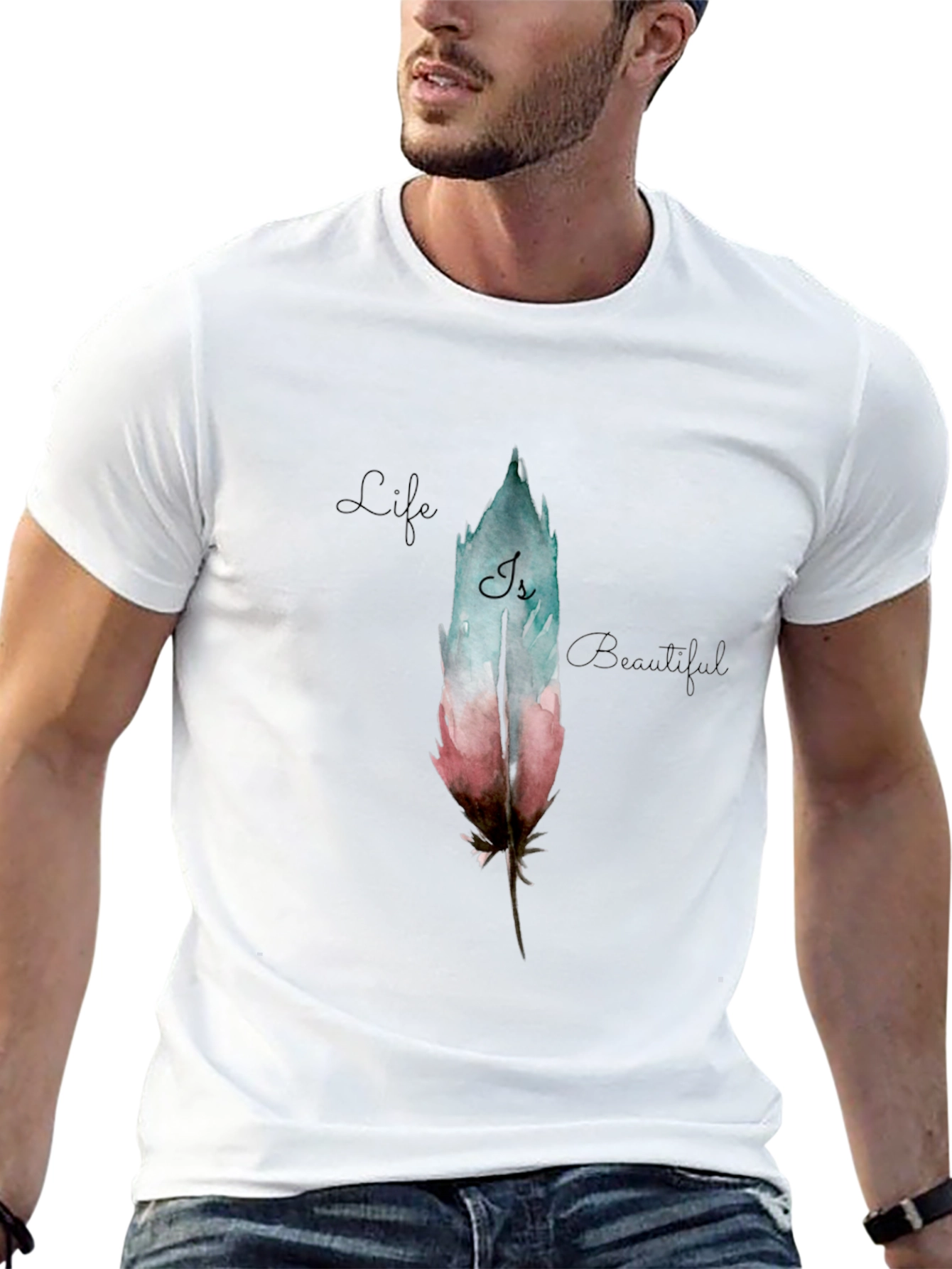 Feather Graphic Black T-Shirt - Life is Beautiful
