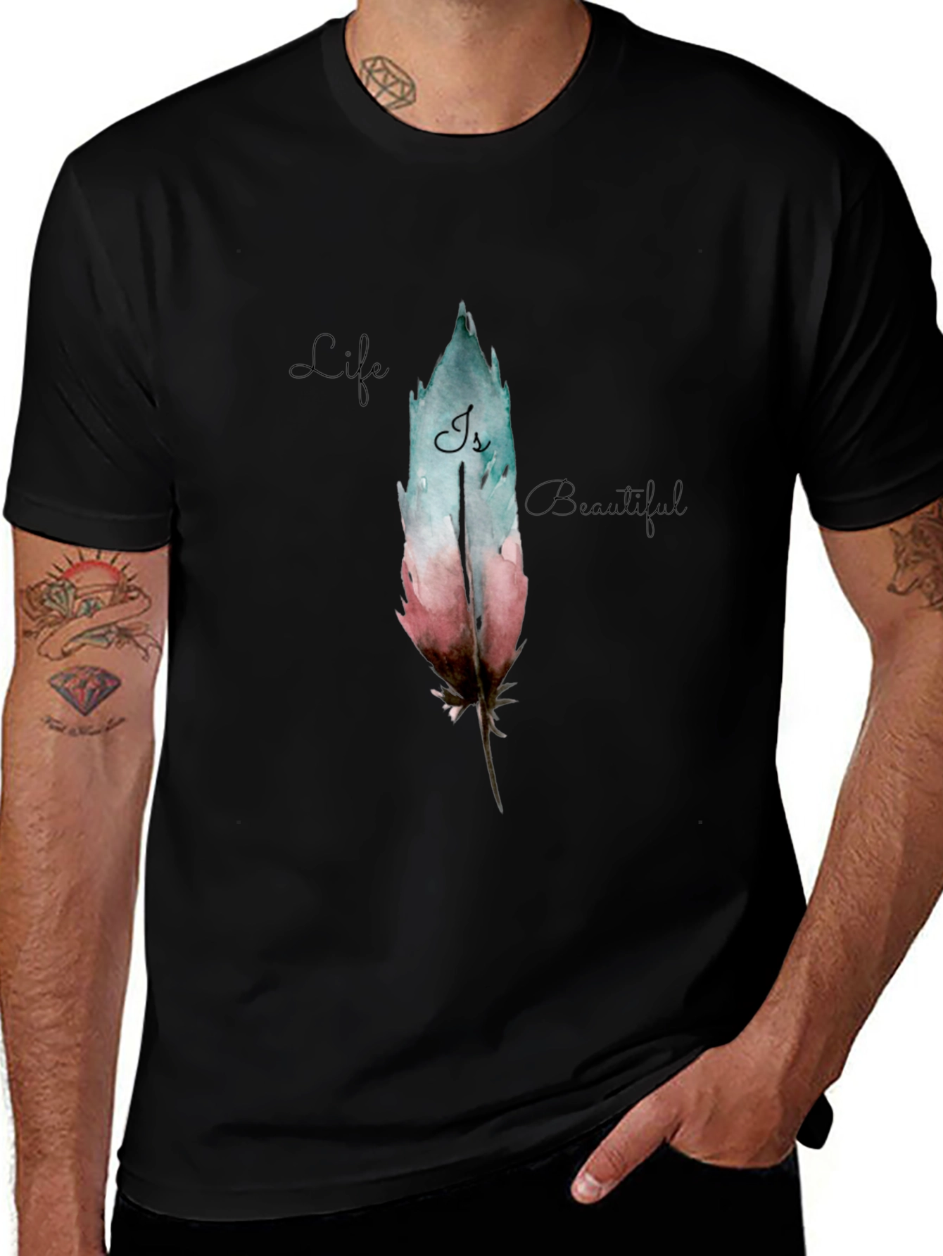Feather Graphic Black T-Shirt - Life is Beautiful