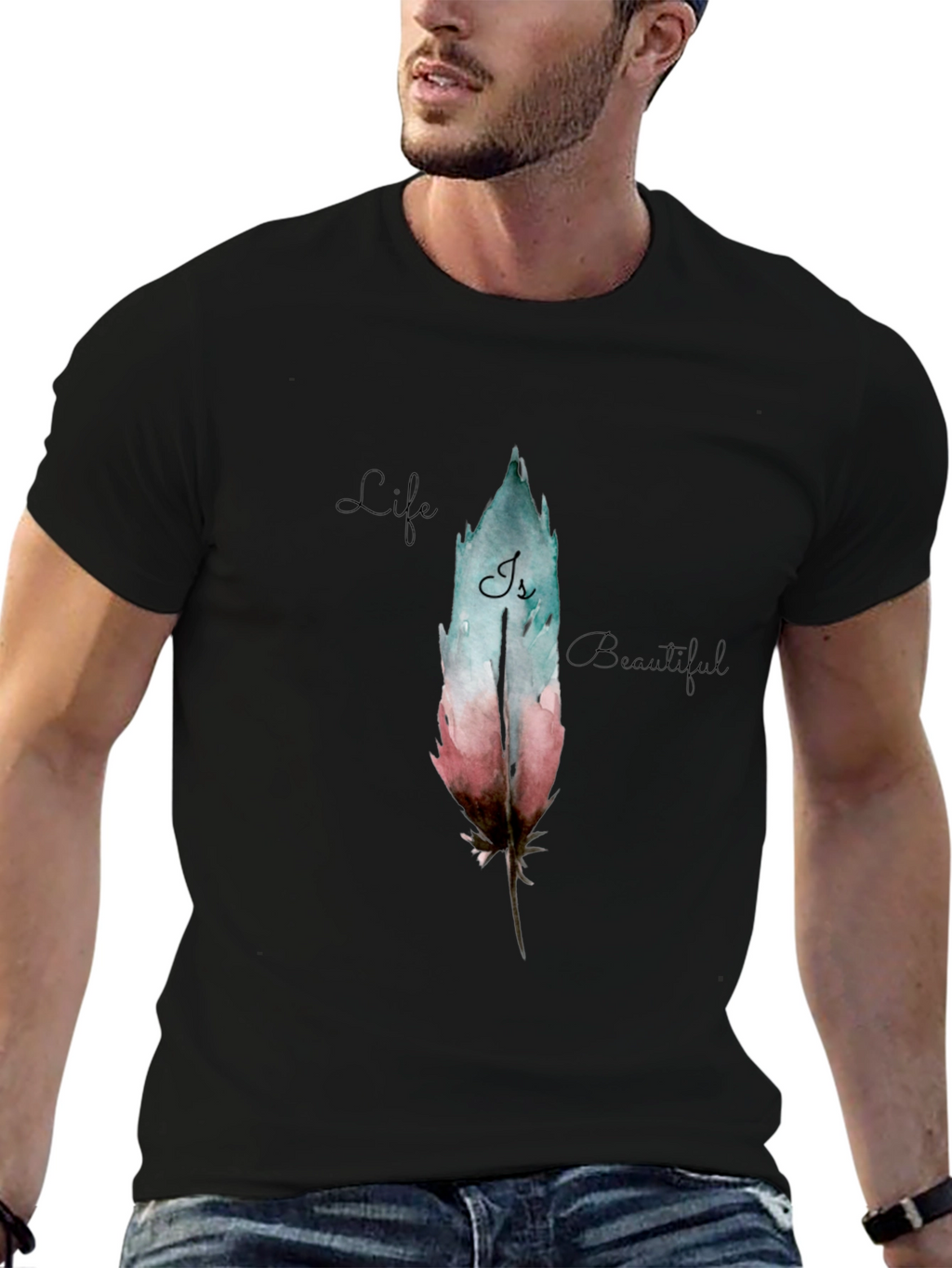 Feather Graphic Black T-Shirt - Life is Beautiful