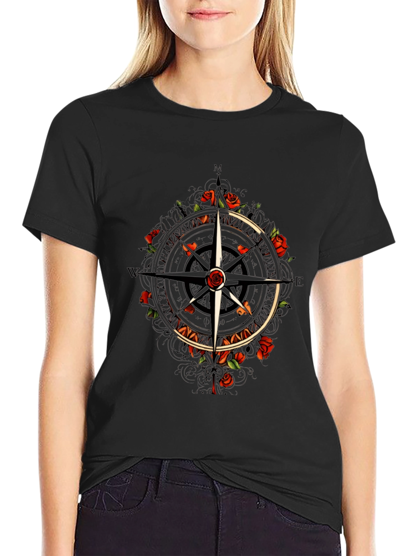 Compass & Roses Graphic Tee - Classic Black T-Shirt