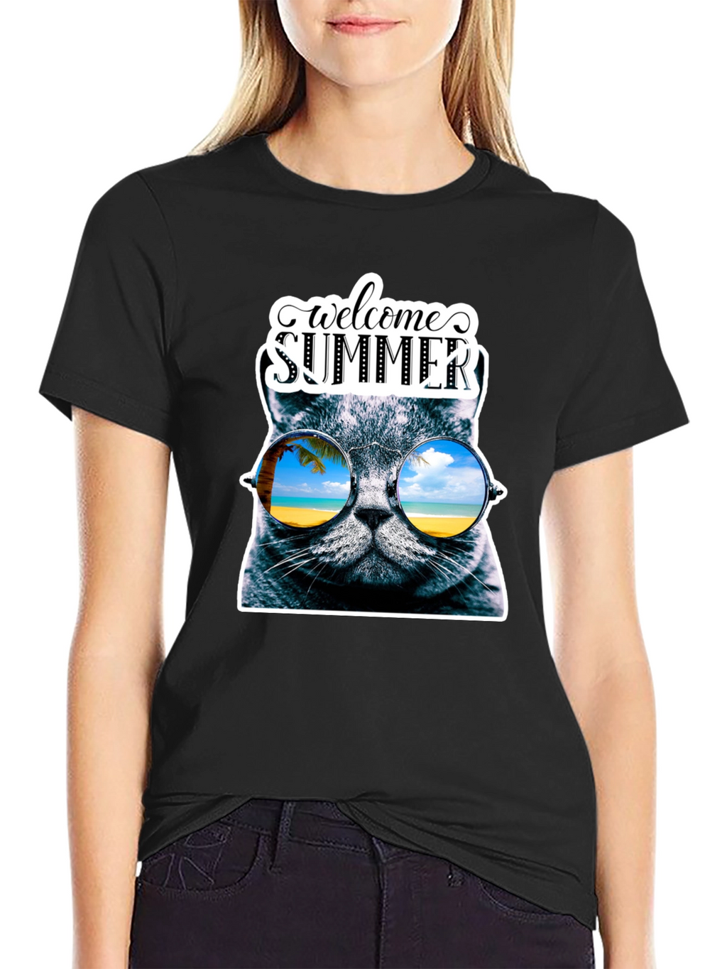 Welcome Summer Cat Graphic T-Shirt