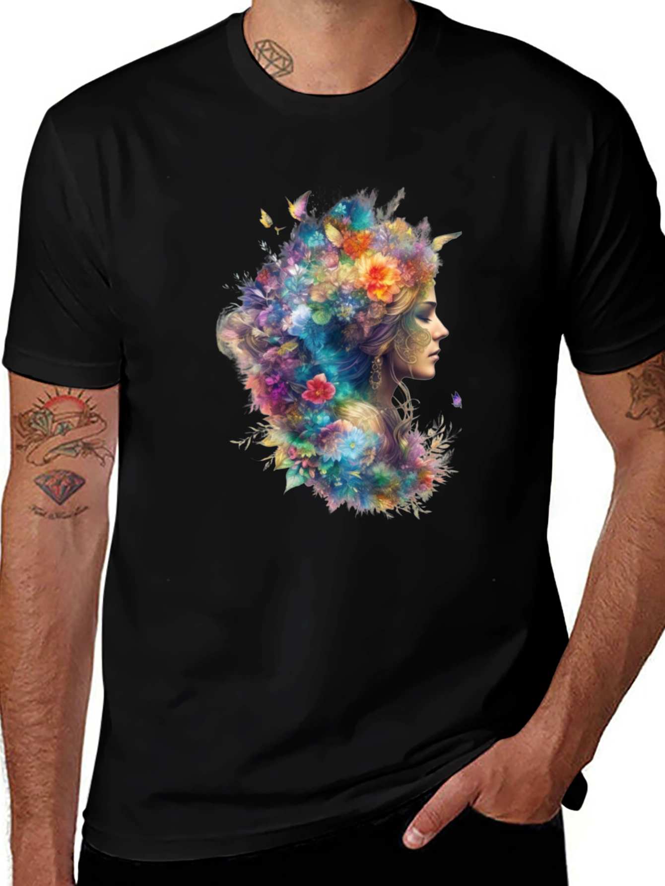 Floral Goddess Graphic Tee - Black Cotton T-Shirt