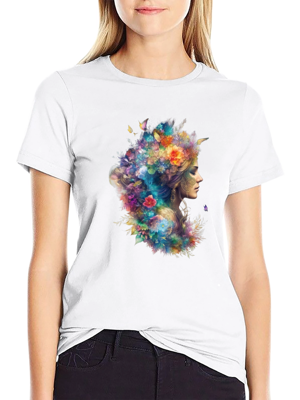 Floral Goddess Graphic Tee - Black Cotton T-Shirt