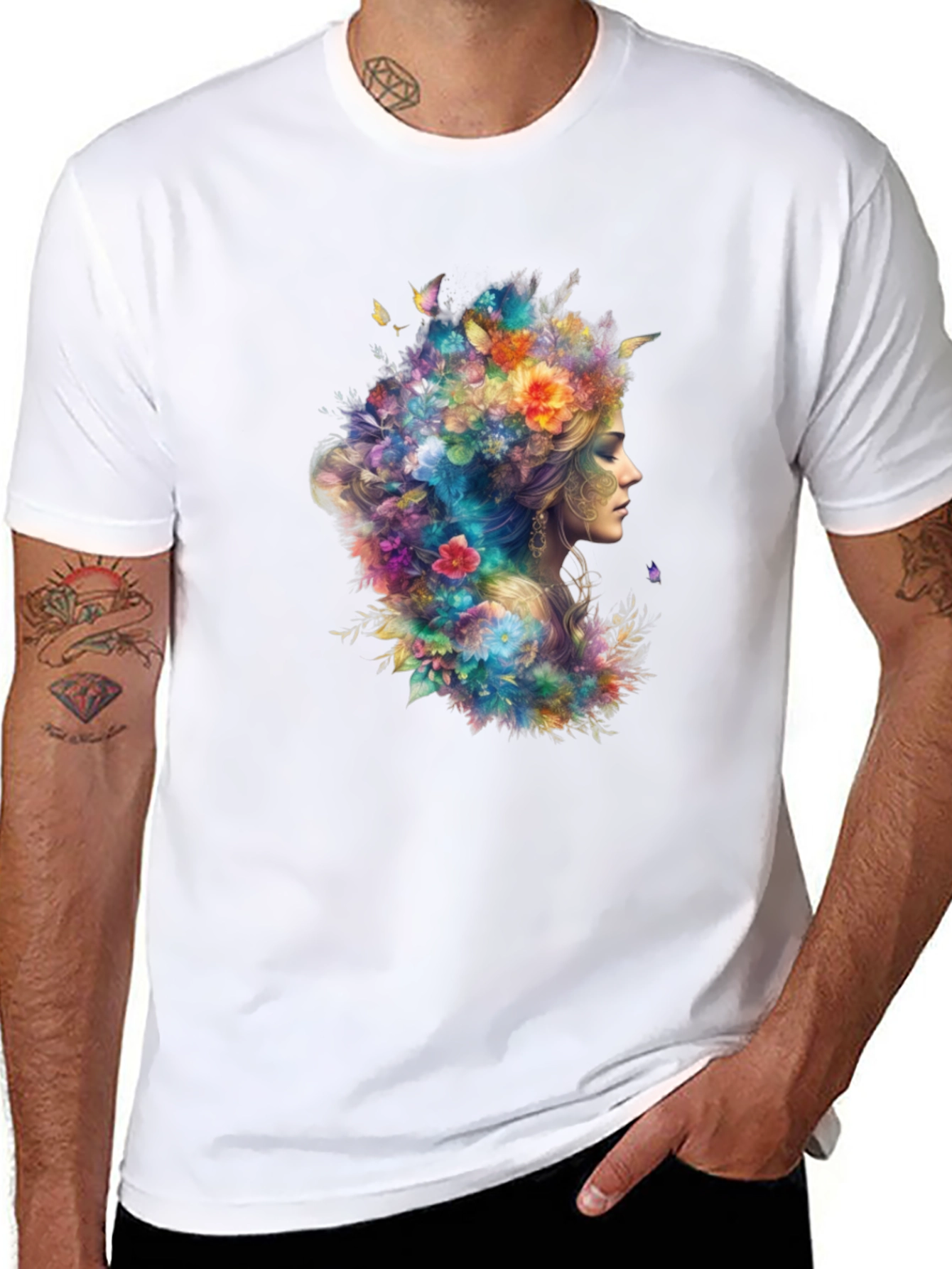 Floral Goddess Graphic Tee - Black Cotton T-Shirt