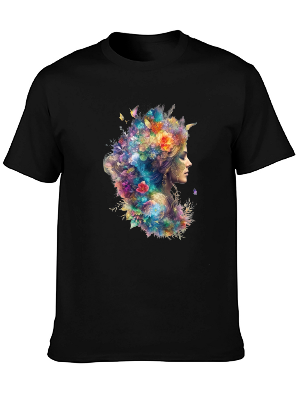 Floral Goddess Graphic Tee - Black Cotton T-Shirt