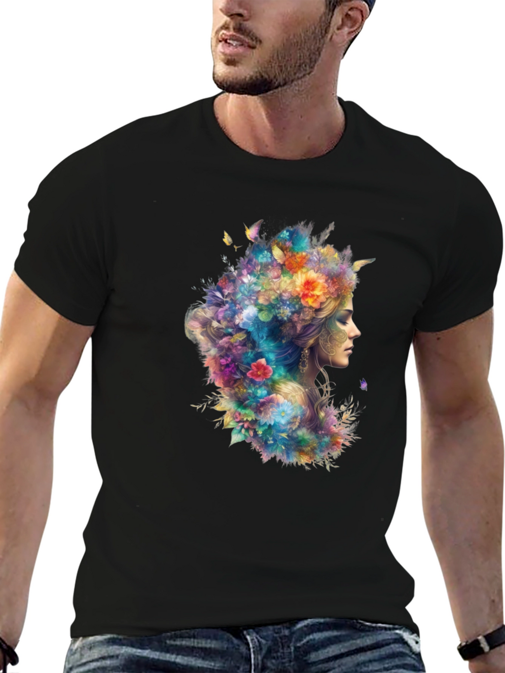 Floral Goddess Graphic Tee - Black Cotton T-Shirt