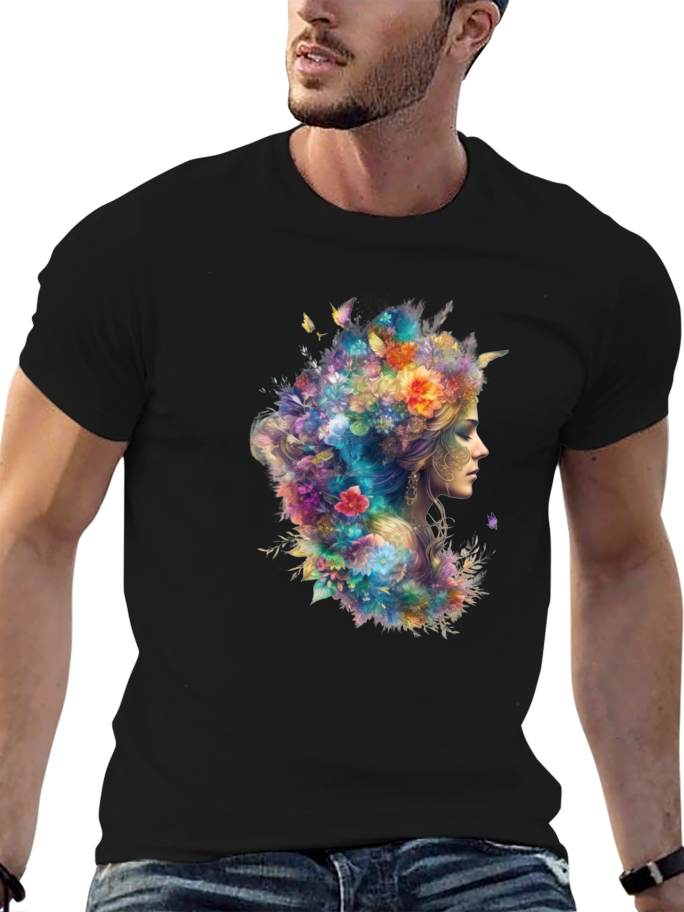 Floral Goddess Graphic Tee - Black Cotton T-Shirt