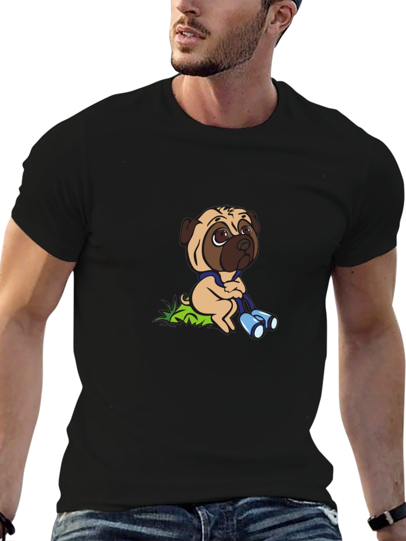 Pug with Binoculars Graphic Tee - Black