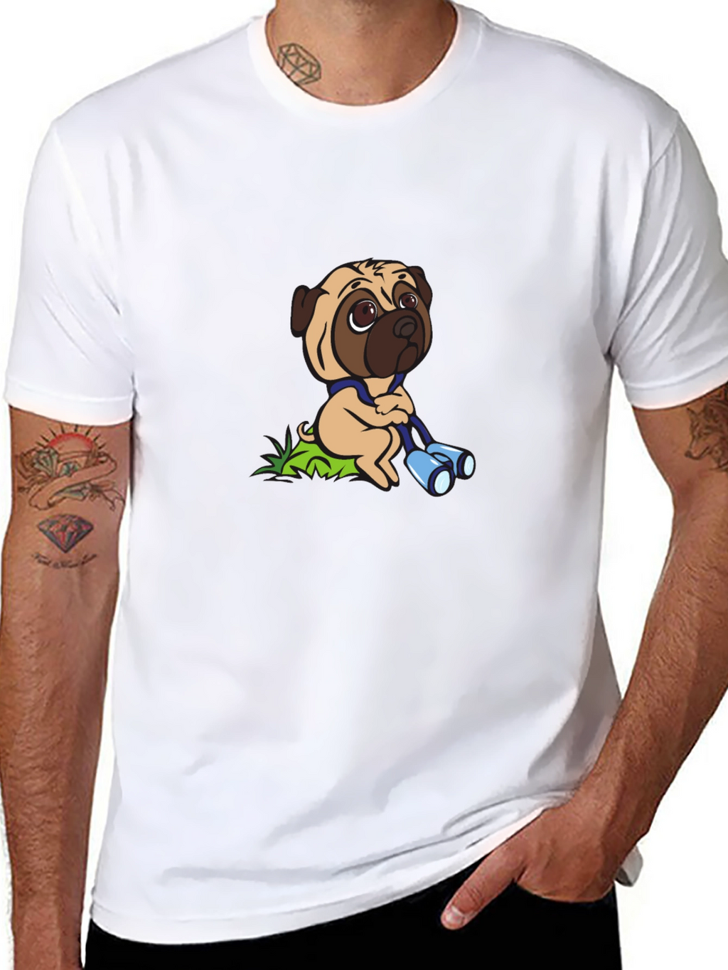 Pug with Binoculars Graphic Tee - Black