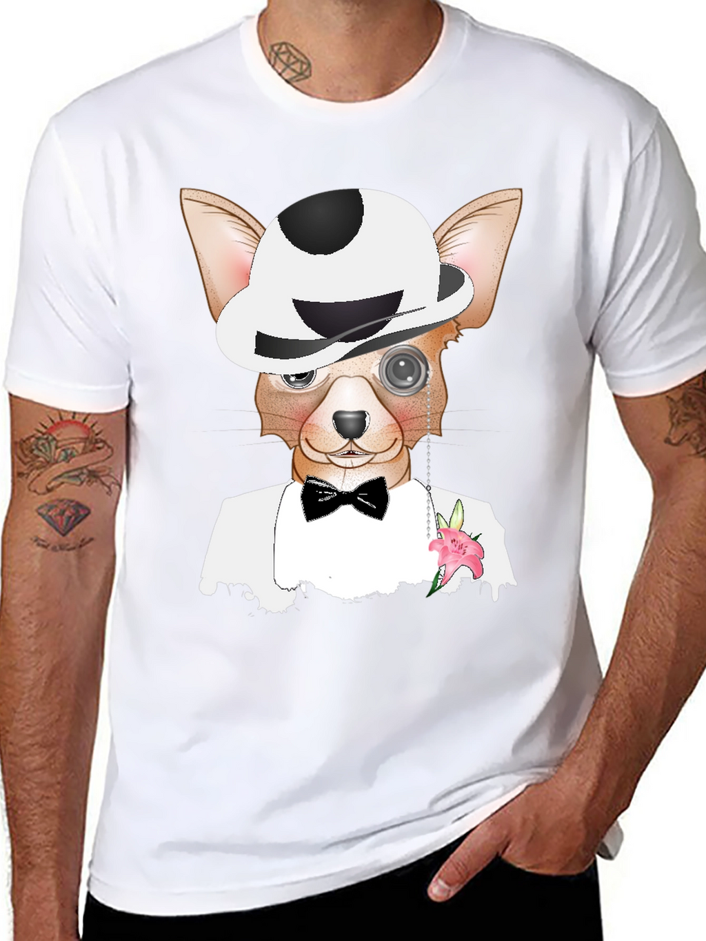 Dapper Dog T-Shirt: Chihuahua in Tuxedo & Bowler Hat