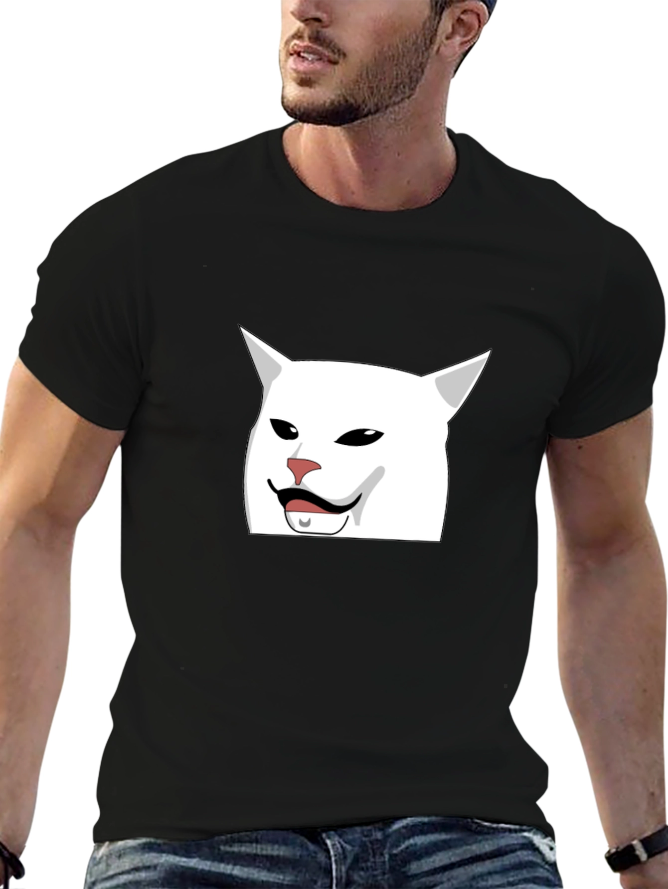 Meme Cat T-Shirt - Funny White Cat Wearing a Mustache Tee