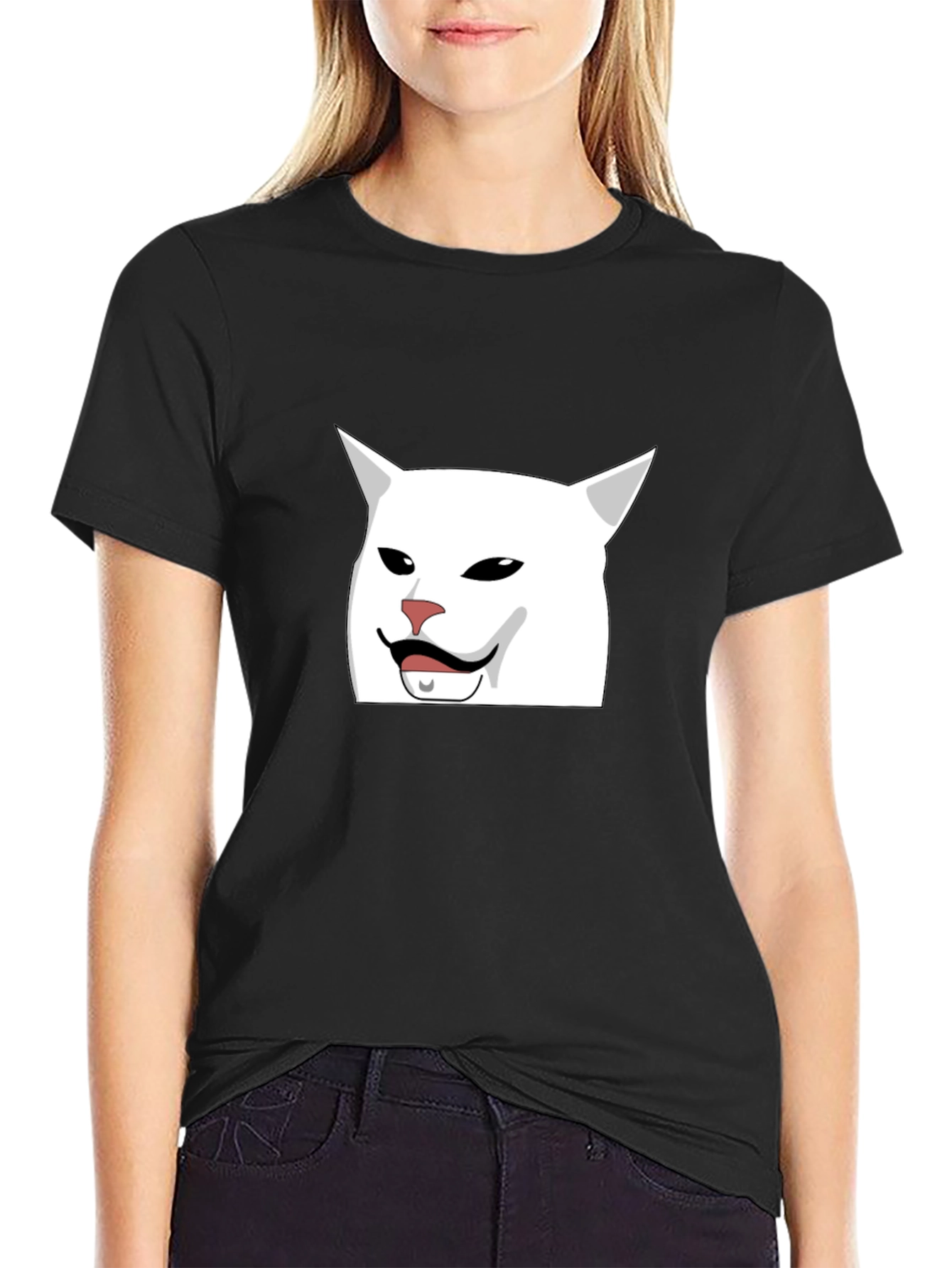 Meme Cat T-Shirt - Funny White Cat Wearing a Mustache Tee